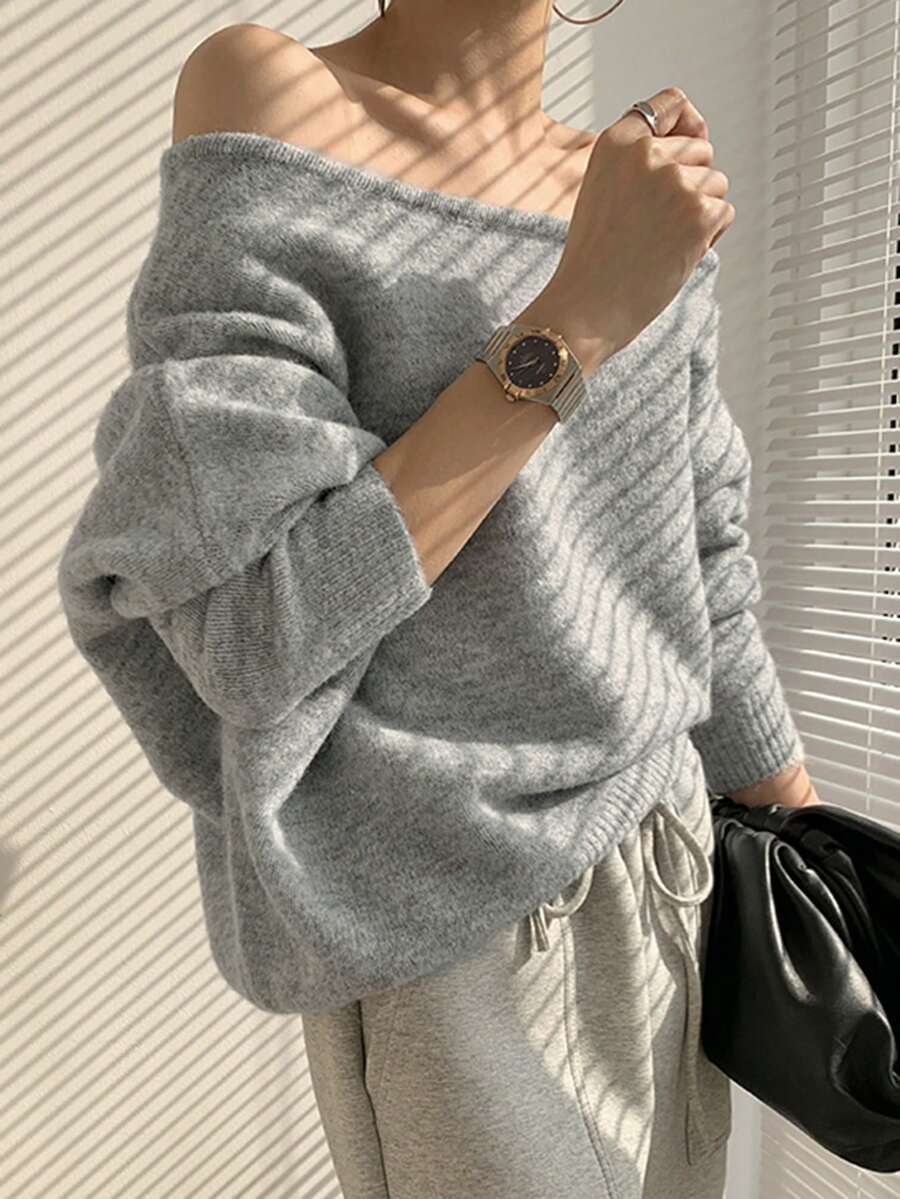 Women Mohair Asymmetrical Open Shoulder Sweater, Loose Slouchy Style,Long Sleeve Tops