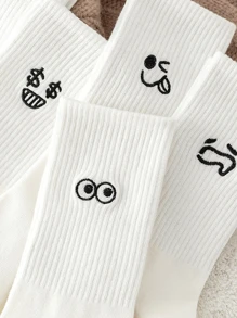5 Pairs Of Cartoon Expression Printed Casual Mid Length Socks For Couples - View 4