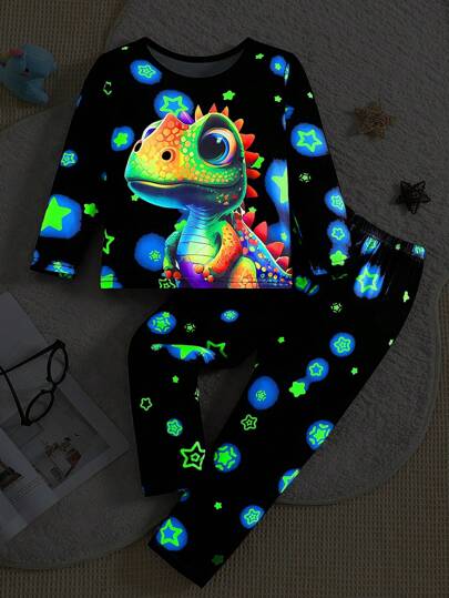 Conjunto de 2 peças/conjunto de pijamas para meninos com estampa de desenho animado fluorescente, manga comprida, top e calças, roupa de dormir confortável para casa, brilha sob luz UV