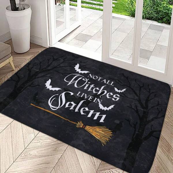 1 pieza Felpudo de bienvenida con gráfico de murciélago y escoba negro, diseño moderno, antideslizante, resistente a las manchas y fácil de limpiar, alfombra de franela acolchada con espuma para sala de estar, dormitorio, baño, cocina, entrada