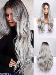 Long Ombre Black Gray Wavy Wig For Women 30 Inch Middle Part Curly Wavy Wig Natural Looking Synthetic Heat Resistant Fiber Wig For Daily Party Use (Ombre Black Gray)