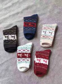 5 Pairs Winter Warm Women Christmas Socks With Golden Deer & Rabbit Wool Blended - Multicolor - View 3