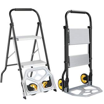 POWSTR 2 In 1 Folding Sack Truck And 2 Step Ladder,Aluminum Sack Trolley With Large Wheels For Stairs, Folding Stepladder With Anti-Slip Pedal For Home Kitchen Office,100KGS Capacity,Black