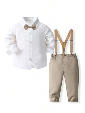 KIMOCAT 2pcs Young Boy Gentleman Formal Outfit, Long Sleeve White Shirt And Bib Pants