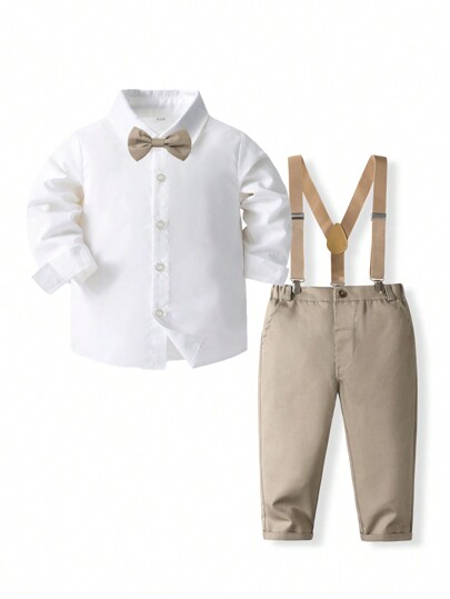 KIMOCAT 2pcs Young Boy Gentleman Formal Outfit, Long Sleeve White Shirt And Bib Pants