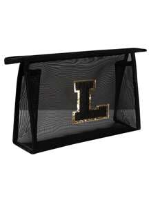 1个黑色网袋，大容量带黑色姓名首字母，毛巾刺绣字母A-Z，透明网状化妆品收纳袋，多功能旅行便携包，口红护肤品收纳洗漱化妆包，学生文具袋，网状拉链袋，旅行化妆品包装收纳袋，简约高档，配饰收纳，适用于宿舍收纳，旅行，出差，游泳，居家收纳 - 黑色 - 查看 34