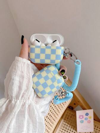 1 件韩版格子 IMD + 弹簧挂绳耳机壳适用于 Apple 1/2/3/Pro/Pro 第二代，苹果蓝牙耳机柔软保护套
