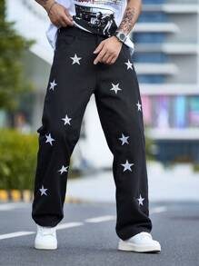 Men Star Print Black Denim Jeans - Black - View 2