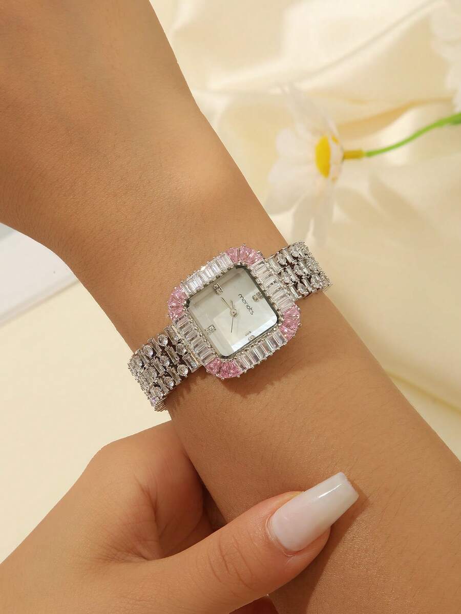 1 Đồng hồ đeo tay thạch anh vuông thời trang dành cho nữ bằng kim loại đồng tông màu bạc, thích hợp sử dụng hàng ngày - Bạc - Xem 1