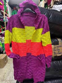 Striped Square Kimono Line Knit Cardigan With Hood - 中紫紅色 - 查看 1