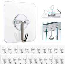 HMSEC 10/24 Pack Adhesive Hooks, Removable Wall Hooks 13 LB Ceiling Hooks Transparent Seamless Hooks Waterproof And Oil Proof For Cabinet Kitchen Bathroom Ceiling Office Window - Clear - View 1