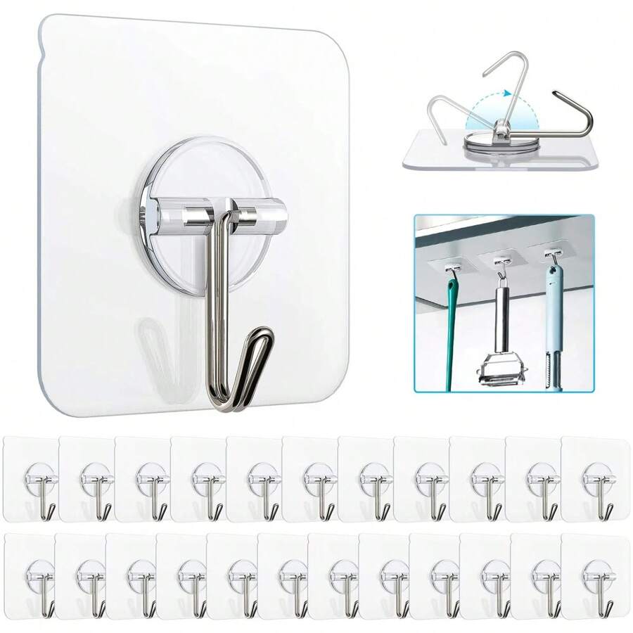 HMSEC 10/24 Pack Adhesive Hooks, Removable Wall Hooks 13 LB Ceiling Hooks Transparent Seamless Hooks Waterproof And Oil Proof For Cabinet Kitchen Bathroom Ceiling Office Window - Clear - View 1