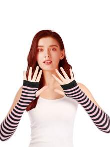 复古哥特式 Y2K 风格条纹露指针织长腕臂保暖器，适合年龄较大的儿童和青少年，适合日常穿着、聚会、节日和礼物