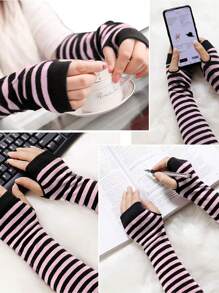 复古哥特式 Y2K 风格条纹露指针织长腕臂保暖器，适合年龄较大的儿童和青少年，适合日常穿着、聚会、节日和礼物