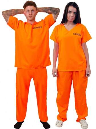 I LOVE FANCY DRESS Mens Womens Convict Costume Orange Adult Prisoner Outfit Halloween Inmate Jail Uniform Unisex Cosplay Cops And Robbers Fancy Dress