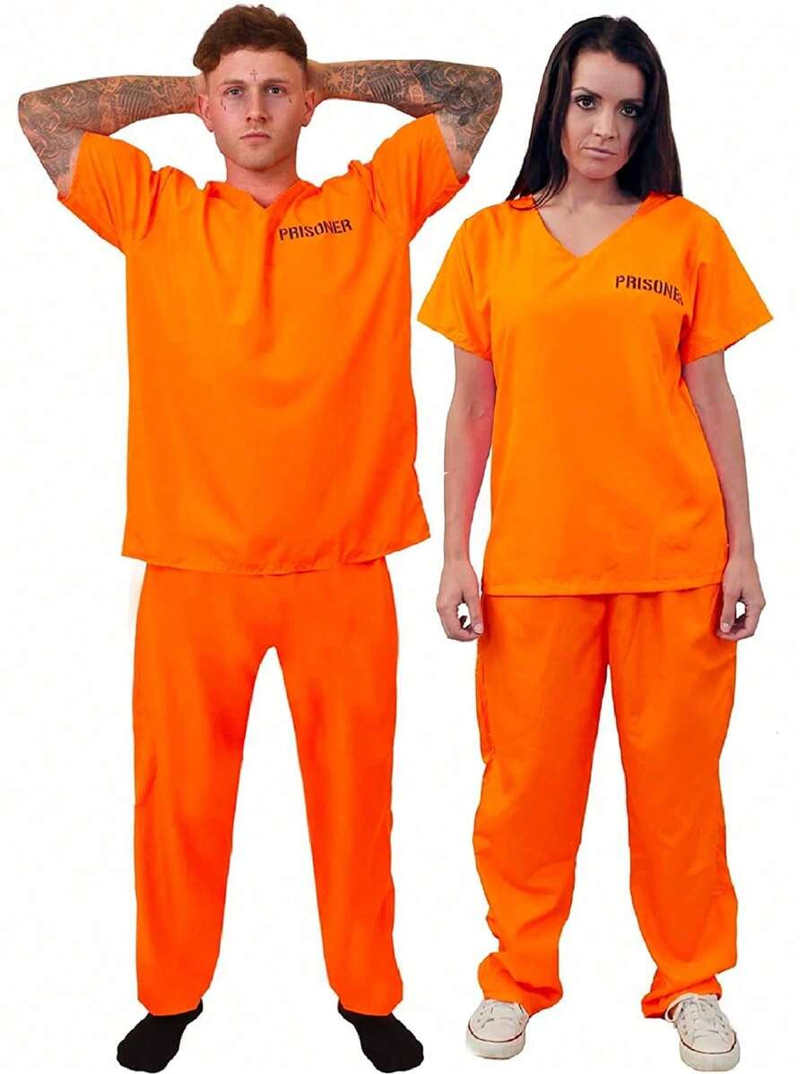 I LOVE FANCY DRESS Mens Womens Convict Costume Orange Adult Prisoner Outfit Halloween Inmate Jail Uniform Unisex Cosplay Cops And Robbers Fancy Dress - Orange - View 1