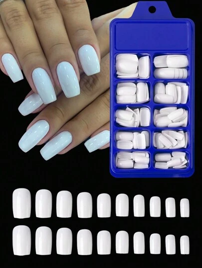 100 件中号棺材假指甲 - 白色全覆盖按压指甲 - 简单光泽 1 盒女士方形假指甲用于指甲延长设计美甲用品