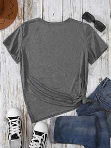 Women's Casual Round Neck Short Sleeve T-Shirt With Halloween Pumpkin & Letter Print