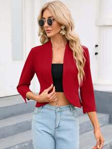 Chaqueta encogida tipo cardigan para mujer, de manga 3/4, sin cuello, de frente abierto, informal y de negocios, para el trabajo - Rojo - Ver 3