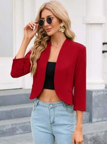 Chaqueta encogida tipo cardigan para mujer, de manga 3/4, sin cuello, de frente abierto, informal y de negocios, para el trabajo - Rojo - Ver 4