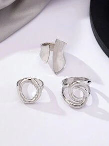 (3pcs/Set) 3pcs Punk Exaggerated Glossy Round Open Rings, Geometric Arched Rings, And Geometric Glossy Criss-Cross Rings Set, European And American Niche Geometric Set - Silver - View 5