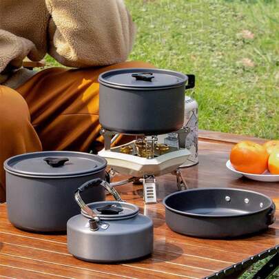 3-4 Person Outdoor Camping Cookware Set, Includes Foldable Pot, Kettle, Pan, Portable Aluminum Cooking Utensils Set With Bowl, Spoon, Spatula And Mesh Bag