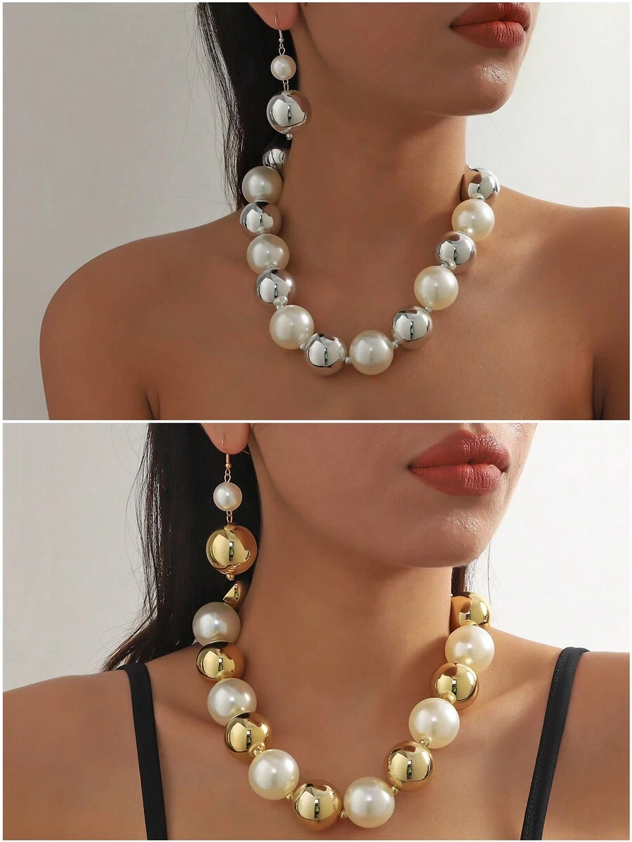 Bộ 3 chiếc/Bộ Vòng cổ hạt ngọc trai nhiều lớp phong cách Baroque phóng đại & Vòng cổ choker dành cho nữ - bộ dây chuyền ba mảnh - Xem 1