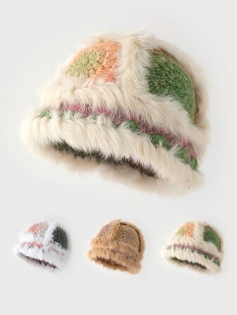 1개 여성용 패셔너블한 다채로운 수제 크로셰 플러피 니트 버킷 햇, 가을과 겨울에 따듯함