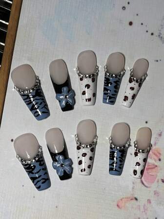 10 Coffin Press-On Nails , Medium Length, 3D Hand Painted Zebra Stripes, Hand Adhesive Pinched Into Flowers Plus Zirconia, Handmade For Women And Girls, 10 Pieces/Set In 4 Sizes, Suitable For Parties, Weddings, Everyday Wear, Including Kit (Note: Due To Batch Differences, Base Colors, Accessories And Slight Color Changes In Rhinos, This Is Normal) Nail Supplies Nails