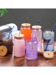 1 件，450 毫升/550 毫升透明玻璃，带吸管和竹盖 - 透明色 - 查看 9