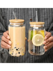 1 件，450 毫升/550 毫升透明玻璃，带吸管和竹盖 - 透明色 - 查看 1