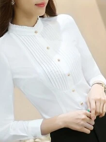 白色长袖抗皱韩版衬衫，正式专业工作服，办公室正装上衣，女士工作衬衫