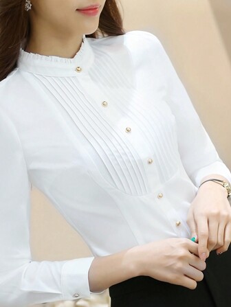 주름 방지 한국 스타일 긴팔 셔츠, 정장 전문직 업무복, 사무실용 드레시한 상의, 여성 직장 블라우스