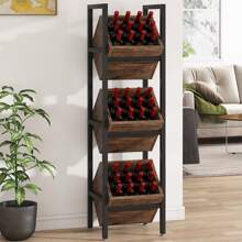 LITTLE TREE Basket Stand, 3 Tier Wood Shelving Unit With Baskets, Rustic Vertical Standing Basket Storage Tower For Kitchen Bathroom Living Room - màu đen - Xem 4