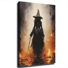 1 Pc Wooden Framed Halloween Wall Art Canvas Posters Set, Vertical Art Deco Witch & Pumpkin Party Decor, Oblong Shape Spooky Ghost Bat Night Sc, Birthday Party Decor, Home Living Room Office Wall Decor, Perfect Gift