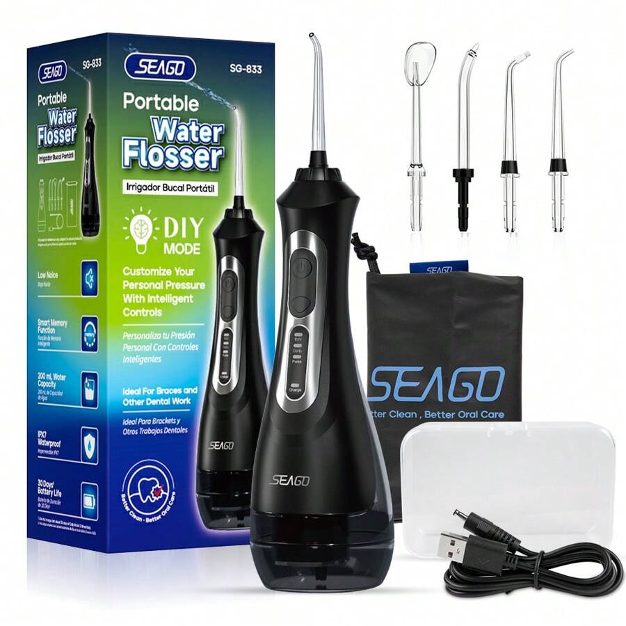 Seago 无绳便携式口腔冲洗器，5 种模式（含 DIY 模式），水牙线牙签（含 5 个喷嘴头）收纳袋，适合居家旅行，日常牙齿护理礼物，电池容量：1500mAH，优质水牙线，高品质水牙线，最佳礼物，奢华毕业礼物，结婚礼物，母亲节礼物，父亲节礼物