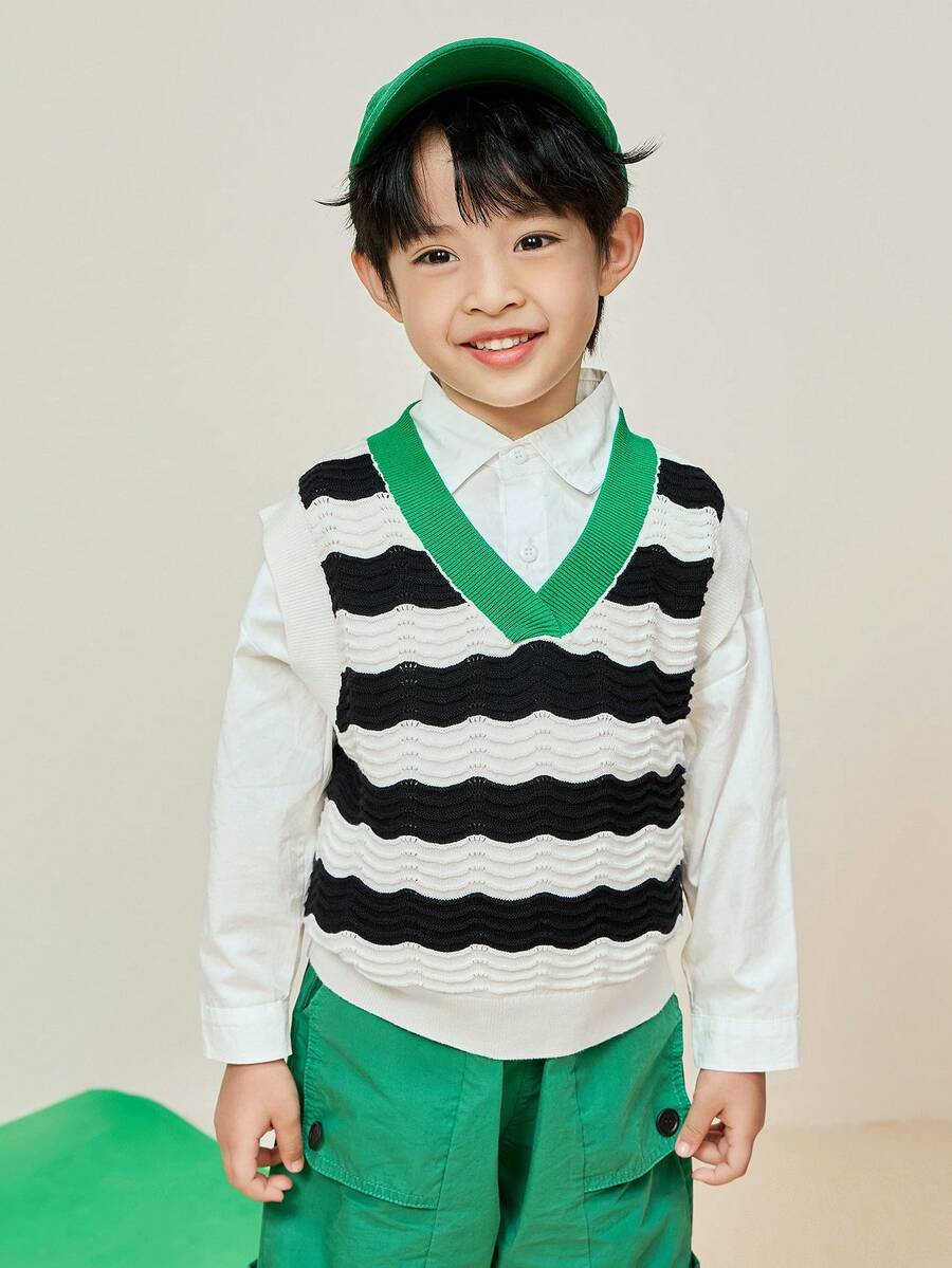mini bala 男童和女童针织背心宝宝小男孩条纹背心马甲 - 黑與白 - 查看 1