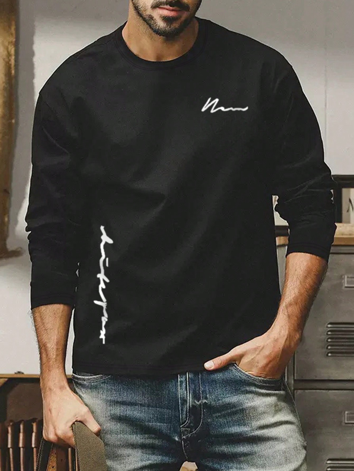 2025 Men's Casual Letter Print Round Neck Long Sleeve T-Shirt, Spring & Autumn