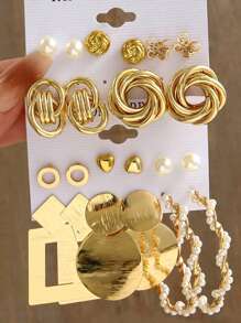 10-22 件时尚优雅复古仿珍珠花朵蝴蝶结心形几何圆形不对称夸张金属耳环套装，适合节日聚会约会日常佩戴礼物 - 金黃色 - 查看 3