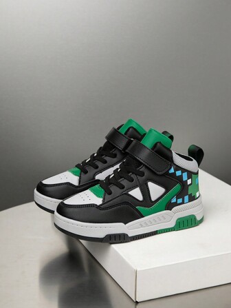 1 Pair Men's High-Top Sneakers, PU Leather, Triangle Design, Casual, Running, Slip-On, Hook & Loop Closure, Lightweight, Anti-Slip, Breathable, Comfortable, Fashion