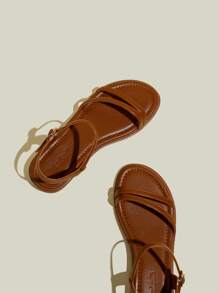 Women's Brown Flat Open Toe Strap Sandals, Simple Slim Strap Soft Sole Beach Flat Sandals - Brown - View 5