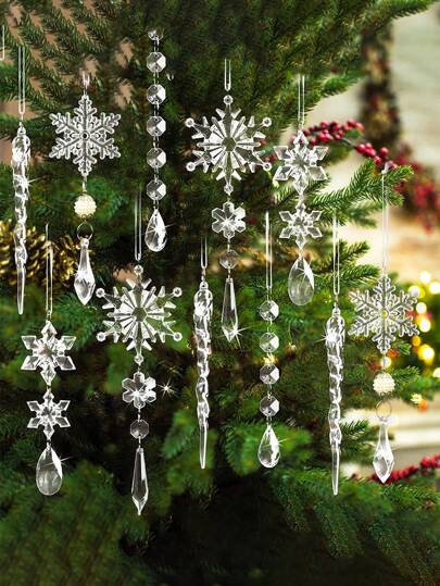 5/10/18 piezas Decoraciones colgantes de árbol de Navidad con copos de nieve y carámbanos de acrílico con colgantes de cristal - Estilo clásico sin electricidad para decoración del hogar, oficina, fiesta temática, Navidad y decoración de invierno