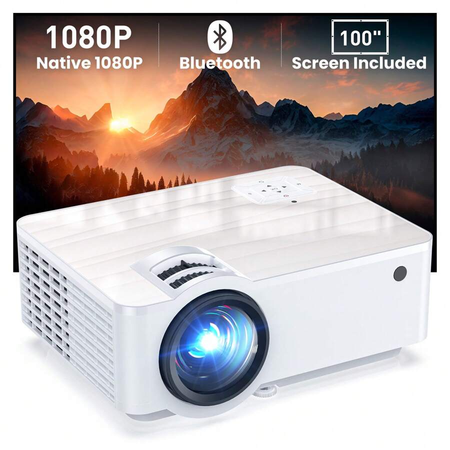Projector, 1080P Bluetooth Mini Projector With 100" Projector Screen, 9500 LUX Portable Outdoor Movie Projector For Phone, Compatible With VGA/USB/SD/Laptop/Fire Stick/PS5 - White - View 1