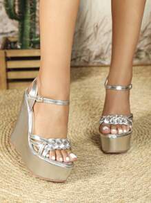 Women's Platform Woven High Wedge Sandals - Silver - View 3