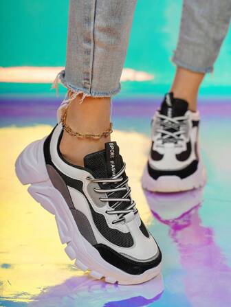 Women Lace-Up Colorblock Chunky Sneakers - Lightweight, Breathable, Casual Sports Trainers Running Shoes