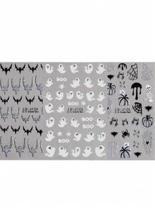 万圣节设计美甲贴纸发光可爱幽灵，闪光南瓜蝙蝠蜘蛛网，骷髅骨头自粘滑块装饰美甲 - 黑與白 - 查看 15