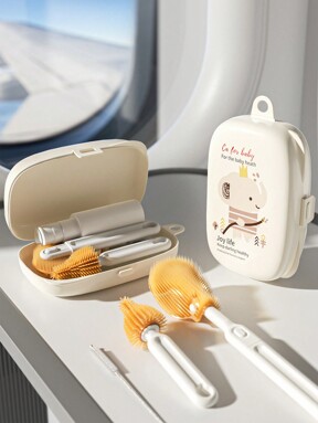 طقم فرشاة زجاجات الأطفال المحمولة يشمل فرشاة زجاجة، فرشاة حلمة، فرشاة لشفط القش، رف تصريف وصندوق تخزين للسفر أو الرحلات