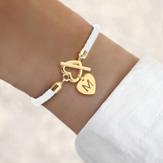 1 件新款经典金色不锈钢心形镂空字母可调节绳手链 适合女士情人节、妈妈、母亲、母亲节、礼物