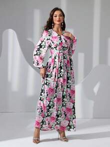 Women Flower Print V-Neck Ultra Long Dinner Dress, Party Dress, Wedding Guest Dress, Formal Dress, Evening Dress - Pink - View 5