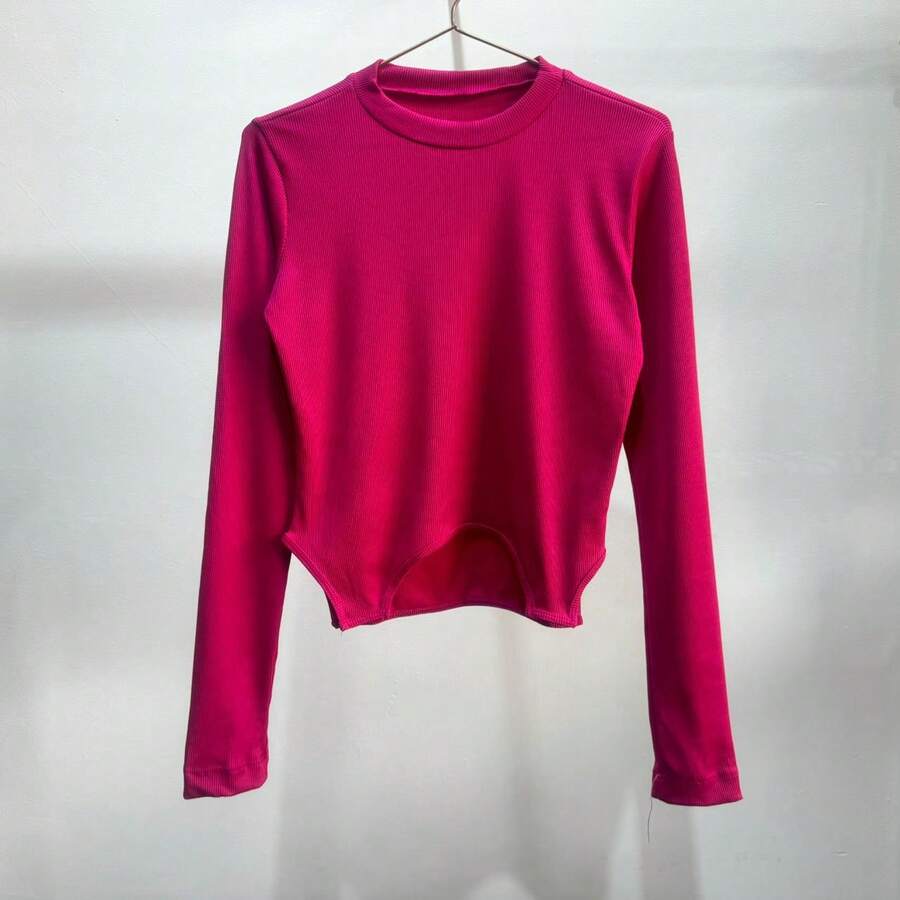 LIVIA Long-Sleeved Blouse With Side Slit - 玫紅色 - 查看 1